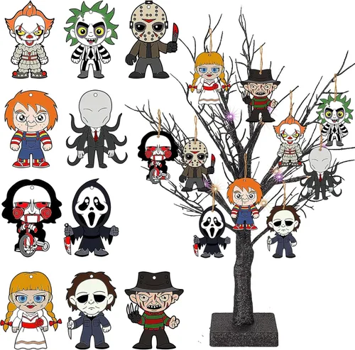 10 adornos de terror, regalos de película de terror, decoraciones de terror de madera, decoración colgante de cara fantasma, adorno espeluznante,