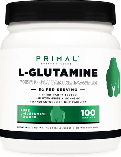 Primal L-Glutamina en polvo (17.64 oz, 100 porciones) | Aminoácido de glutamina puro sin sabor para apoyo y rendimiento deportivo y entrenamiento,