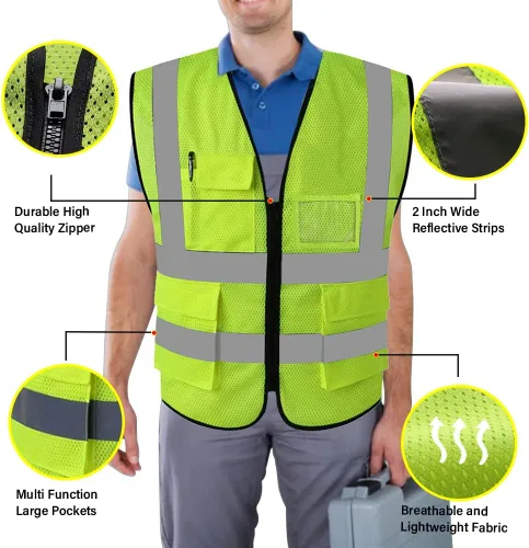 Miniatura 3 de FEimaX Chaleco de seguridad de alta visibilidad, chaleco de trabajo reflectante de malla para hombres y mujeres con bolsillos y cremallera, cumple