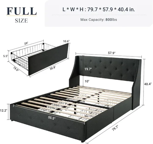 Miniatura 2 de Allewie - Base de cama de tamaño completo con 4 cajones de almacenamiento y cabecera con respaldo, diseño acolchado con botones, no necesita somier