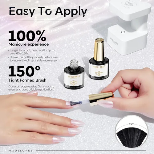 Miniatura 7 de Modelones Esmalte de uñas en gel con purpurina, acabado brillante ultra fino blanco con aurora, purpurina transparente, acabado brillante con A1