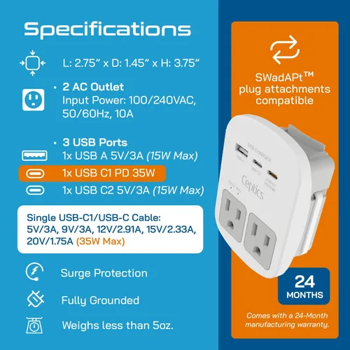 Miniatura 5 de Adaptador de viaje Ceptics, de EE. UU. a Japón, Filipinas, con doble USB, tipo A, ultra compacto All in One - 2 USB + 2 US Sockets Blanco