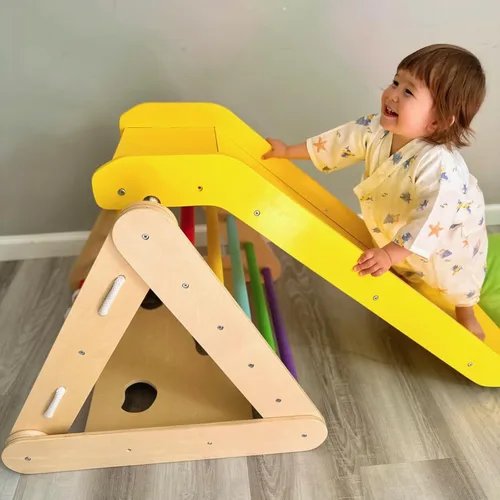 Miniatura 5 de Costzon - Juguete escalador de madera 4 en 1 para niños pequeños, escalador triangular con rampa deslizante, tabla y red para escalar, juguete