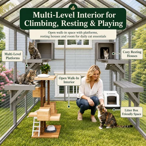Miniatura 4 de PetsCosset 71" H Large Catio Outdoor Cat Enclosure Window Catios Wooden Walk-in Catio for Multiple Cats with 2 Resting Houses, 6 Platforms