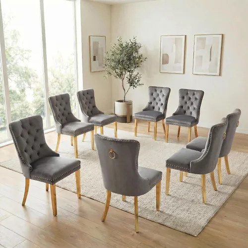 Miniatura 34 de Juego de 6 sillas de comedor de terciopelo, sillas tapizadas con respaldo alto capitoné con ribete de cabeza de clavo y anillo de tracción, patas