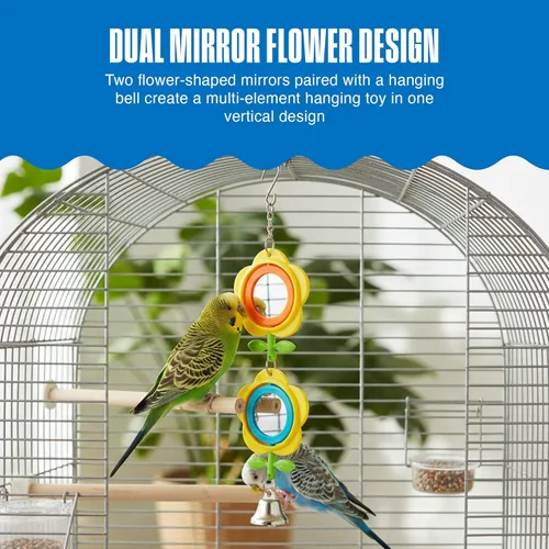Miniatura 2 de Penn-Plax Bird Life Espejo de dos flores con campana, juguete interactivo para pájaros con espejos florales giratorios y campana colgante, accesorio