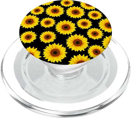 Decoración de girasol amarillo sol flor fondo negro Girasol PopSockets MagSafe PopGrip para iPhone