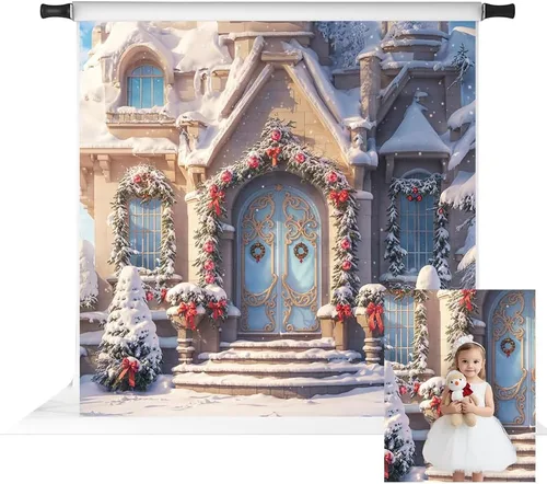 Miniatura 14 de Kate Telón de fondo de fotos de casa de campo de Navidad, fondo de puerta rosa, nieve blanca, árboles de Navidad, fondo de fotos, accesorios de 5
