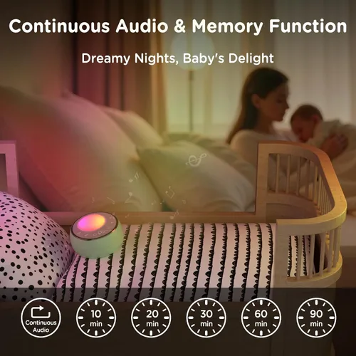 Miniatura 8 de Peakeep Máquina de sonido con luz para dormir para bebé, ventilador de latido cardíaco de ruido blanco, 27 sonidos, 3 reguladores regulables