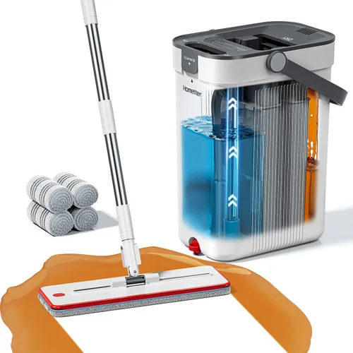 HoMettler Juego de trapeador y cubo, sistema de trapeador plano de 3 tanques y cubo para agua limpia y sucia separada, trapeadores de 65 pulgadas