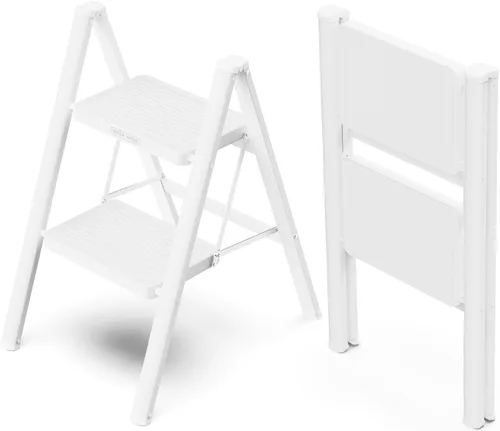 Miniatura 10 de WOA WOA Escalera de 2 escalones, taburete plegable con pedales anchos, taburete portátil para adultos, escaleras de acero resistente para el hogar