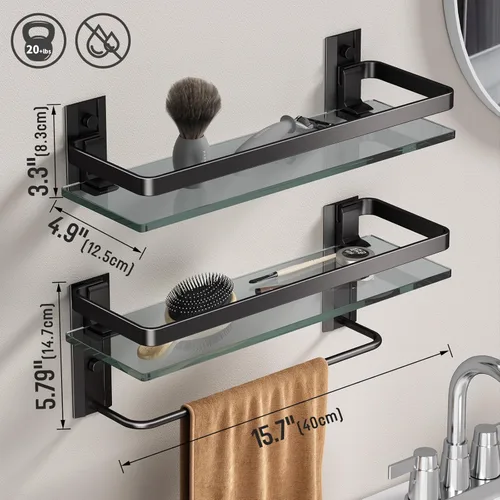 Miniatura 3 de Danpoo Estantes de baño montados en la pared, estante de vidrio templado transparente con toallero, soporte para toallas de mano (negro mate)