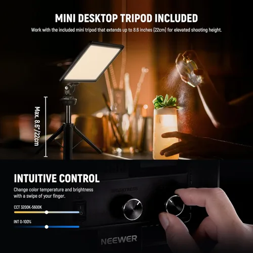 Miniatura 5 de NEEWER Panel de luz de video LED de 9" regulable con iluminación suave para cámara DSLR con mini trípode de escritorio, puertos USB tipo C