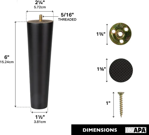Miniatura 3 de Ilyapa Pies de madera para muebles, juego de 4 muebles cónicos de repuesto de madera negra de 6 pulgadas, patas de mesa auxiliar para sofás, sillas