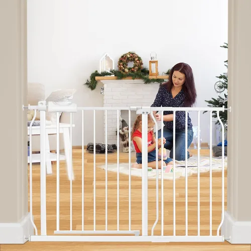 Miniatura 21 de Puerta extra ancha para bebé, puerta extra alta para perros, para escaleras, puertas, tensión de metal blanco, puertas de seguridad para mascotas