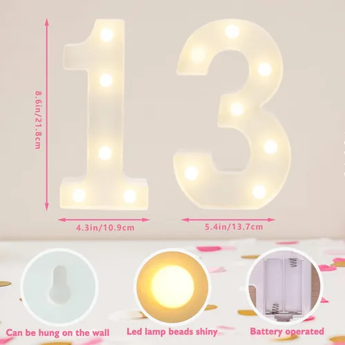 Miniatura 2 de Números Decorativos con Luces LED, Decoraciones de Cumpleaños número 13, Luces de Números LED Blanco Cálido, Letrero de Número de Marquesina