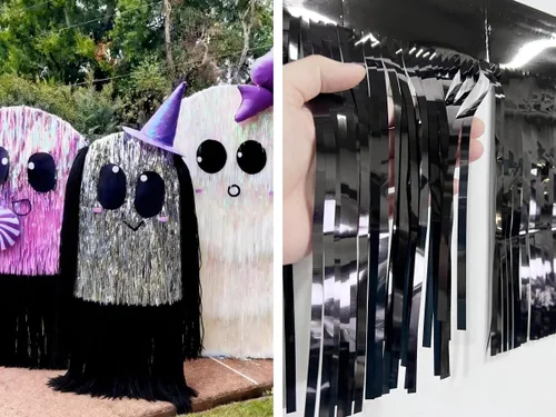 Miniatura 4 de Paquete de 4 Negro Total 40 Pies Guirnalda de Flecos de Papel Aluminio Pancarta Metálica de Oropel Cortinas Colgantes de Pared Decoraciones de Falda