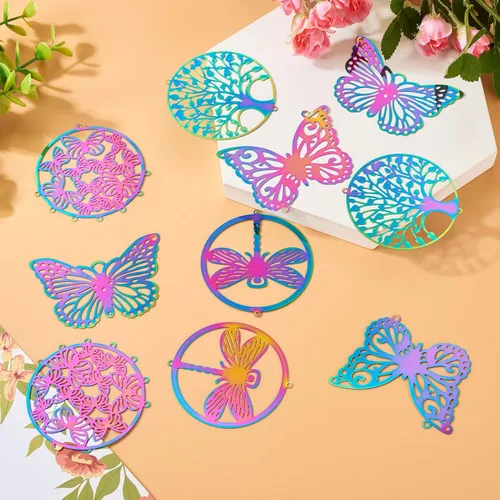 Miniatura 83 de FASHEWELRY 16 dijes de plumas de arco iris de acero inoxidable con alas de filigrana, adornos de metal de 4 colores para hacer joyas, pulseras