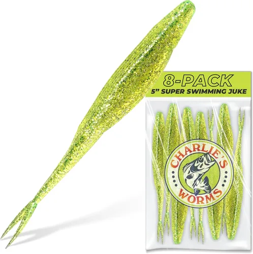 Charlie's Worms Cebo de pesca artificial, súper juke de natación de agua dulce y salada, señuelos de pesca perfumados suave cebo 8 unidades