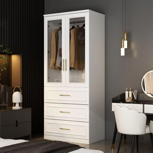 Armario grande con 2 puertas de vidrio templado y 3 cajones, armario alto con barra para ropa, armarios de ropa estilo agitador, color blanco, 31.7