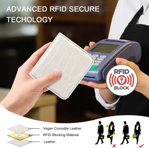 Miniatura 5 de Billetera para mujer, pequeña, plegable, para tarjetas de crédito, con bloqueo Rfid, de lujo, piel sintética, de cocodrilo, monedero pequeño