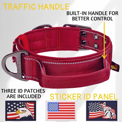 Miniatura 3 de ADITYNA Collar de perro resistente para perros grandes, collar reflectante burdeos con asa para entrenar y caminar, ancho, grueso, táctico, Borgoña