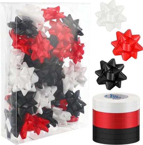 Riceshoot 48 lazos de regalo autoadhesivos de Navidad con 8 rollos de cintas rizadoras de 3 pulgadas, lazos metálicos de Navidad para regalo de