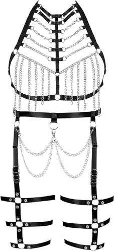 Arnés de cuerpo de talla grande para mujer y niña, cadena de metal hueca completa, brasier de jaula, medias de liga, ropa gótica rave