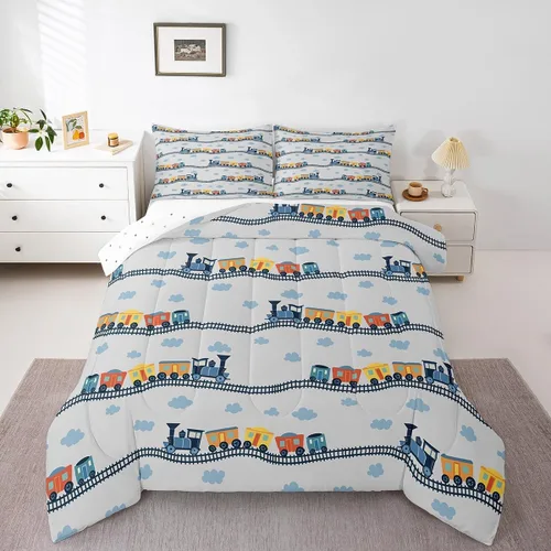 Miniatura 7 de Erosebridal Juego de edredón de tren de locomotora para niños, tamaño individual, lindo juego de ropa de cama con motor de vapor para niños y niñas