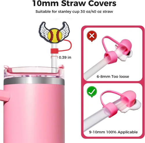 Miniatura 2 de 6 piezas de cubiertas de popote de béisbol para vasos Stanley – Lindas tapas reutilizables de silicona de 10 mm para vasos de 30 oz/40 oz con asa