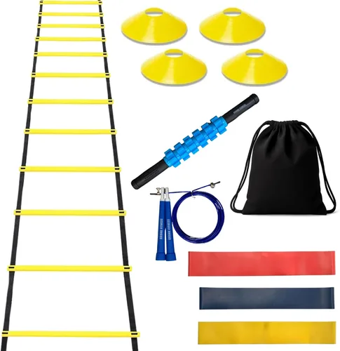 Gronk Fitness Juego de entrenamiento de agilidad | Escalera de velocidad de 12 pies, 4 conos, cuerda de saltar, palo de masaje, mini bandas de bucle