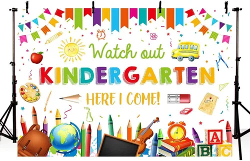 Miniatura 2 de AIBIIN Fondo de 7 x 5 pies para jardín de infantes para el regreso a la escuela, con texto en inglés "Watch Out Kindergarten Here I Come", Blanco