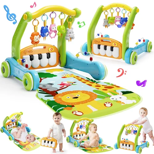 Tapete de juego para gimnasio para bebés con andador, centro de actividades de piano 2 en 1 con luz y música, tapete para el tiempo boca abajo y