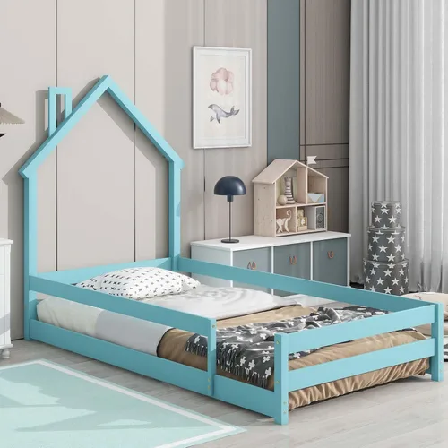 Miniatura 13 de Cama Montessori de madera tamaño individual con cabecera y cercas en forma de casa, cama de plataforma completa para niños, niñas, niños, altura Gris