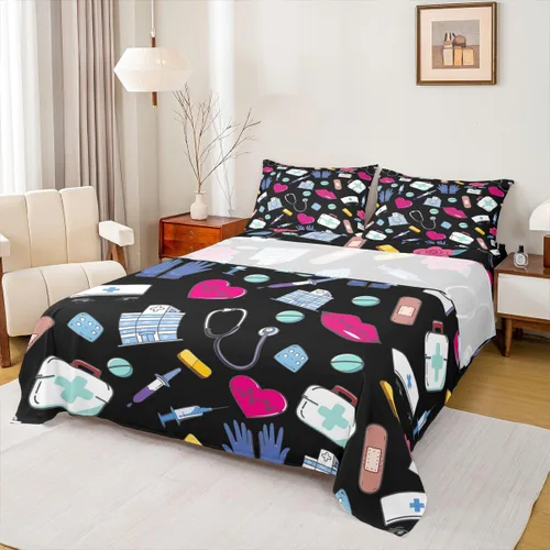 Miniatura 23 de Erosebridal Nurse Sheet Set Stethoscope Twin Sheets Set for Teen Boys,Colorful Medical Healthcare Heartbeat Syringe Fitted Sheet