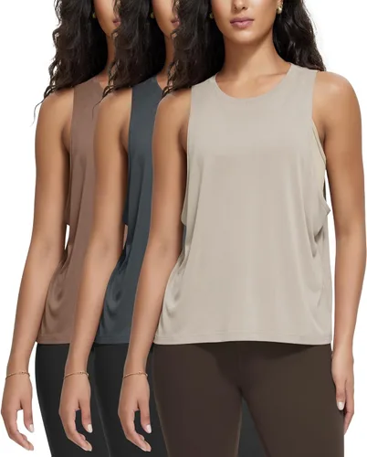 Miniatura 9 de ODODOS Paquete de 3 camisetas sin mangas sueltas para mujer, camisetas sin mangas para gimnasio, atletismo, entrenamiento, camisetas de yoga