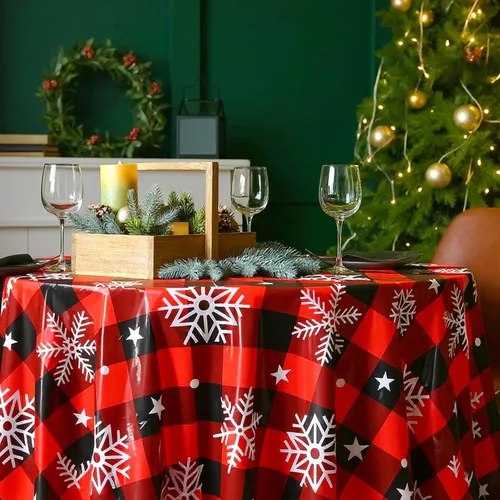 Miniatura 5 de Ganeen 12 manteles redondos de Navidad con diseño de copos de nieve de 84 pulgadas, mantel de plástico a cuadros rojos y negros, para fiesta