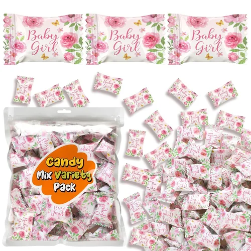 Naucoos Dulces de baby shower para niña, bolsa de 26.5 onzas, 150 mentas duras a suaves, envueltas individualmente, caramelos rosados para baby