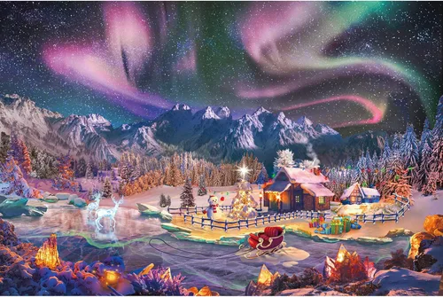 Lavievert Rompecabezas de 1000 piezas para adultos – Noche nevada, aurora, árbol de Navidad, muñeco de nieve, trineo, escultura de hielo y ciervo