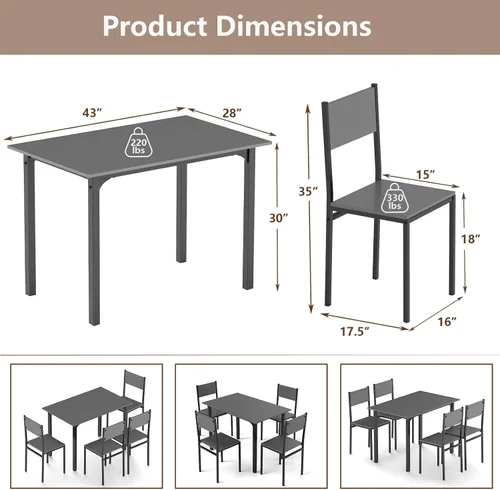Miniatura 7 de GOFLAME Juego de mesa de comedor de 5 piezas, mesa de cocina industrial y sillas para 4 personas con respaldo y marco de metal, juego de comedor Gris