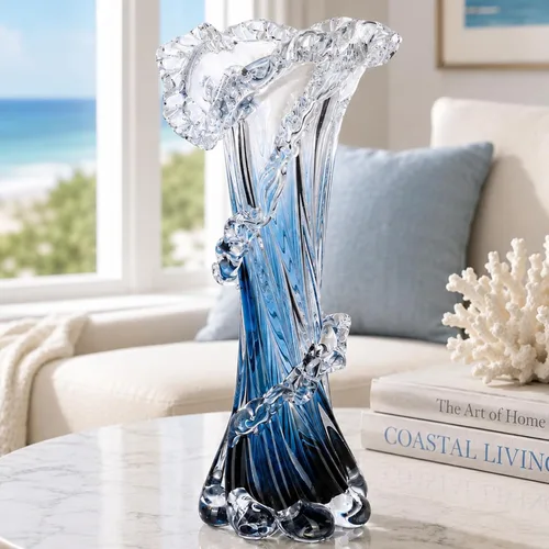 Jarrón de vidrio soplado azul de 12 pulgadas de alto, florero costero soplado a mano de arte moderno, hermosos centros de mesa únicos de olas del