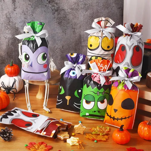 Miniatura 4 de Funrous 48 bolsas de regalo con cordón para Halloween, bolsas de plástico para dulces, bolsas de regalo de fiesta para niños, suministros de fiesta