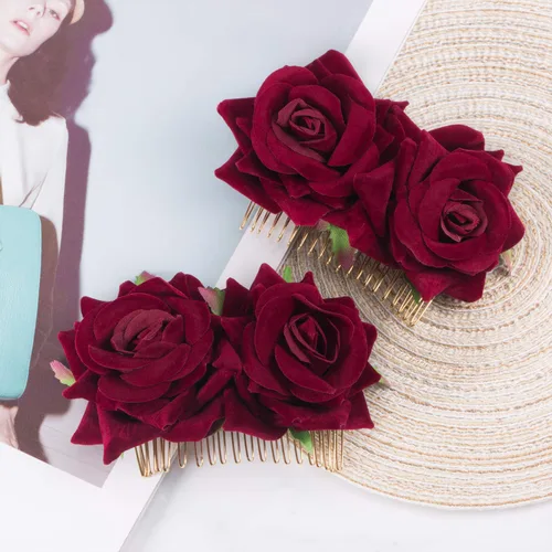 Miniatura 7 de Bememo Paquete de 2 pinzas para el pelo de rosas para mujer, peines laterales de rosas, flores flamencas, disfraces del Día de los Muertos