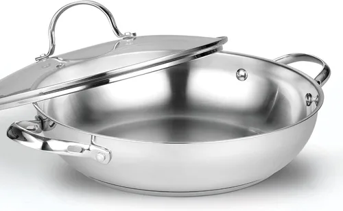 Cooks Standard Wok Sartén para Saltear con Tapa de Vidrio, Sartén de Chef Clásica de Acero Inoxidable de 12 Pulgadas/30cm para Uso Diario, Plateado