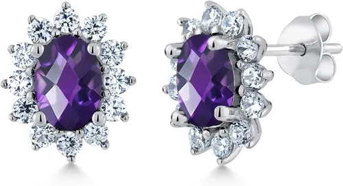 Miniatura 204 de Gem Stone King Aretes ovalados de plata de ley 925 de 0.276 x 0.197 in con piedra natal de la princesa Diana, estilo halo real para mujeres