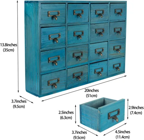 Miniatura 3 de Gabinete de boticario con 16 cajones con mesa, baúles y gabinetes de boticario, gabinete para catálogo de tarjetas de biblioteca, caja de Azul