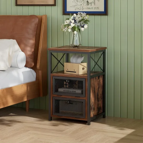 Miniatura 3 de VECELO Juego de 2 mesitas de noche, mesa auxiliar con cajón abatible, moderna mesita de noche para dormitorio, sala de estar, oficina, fácil