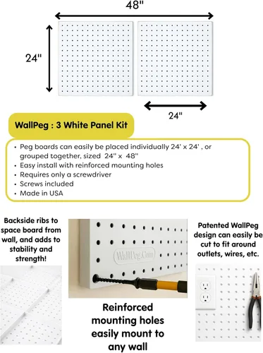 Miniatura 3 de WallPeg Kit de tablero de clavijas de plástico de 24 x 24 pulgadas (2, blanco)