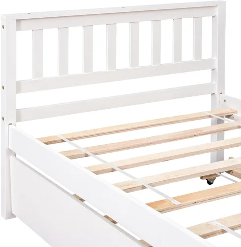 Miniatura 5 de Base de cama individual con nido, cama de plataforma individual con nido extraíble, marco de cama de plataforma doble de madera con cabecera y Blanco