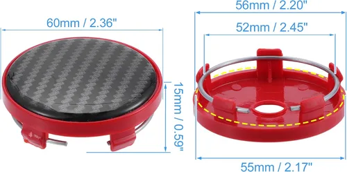 Miniatura 6 de ACROPIX Tapones centrales para llanta de automóvil de 2.362 in con 5 clips con adhesivo negro de fibra de carbono rojo – Paquete de 4, diámetro